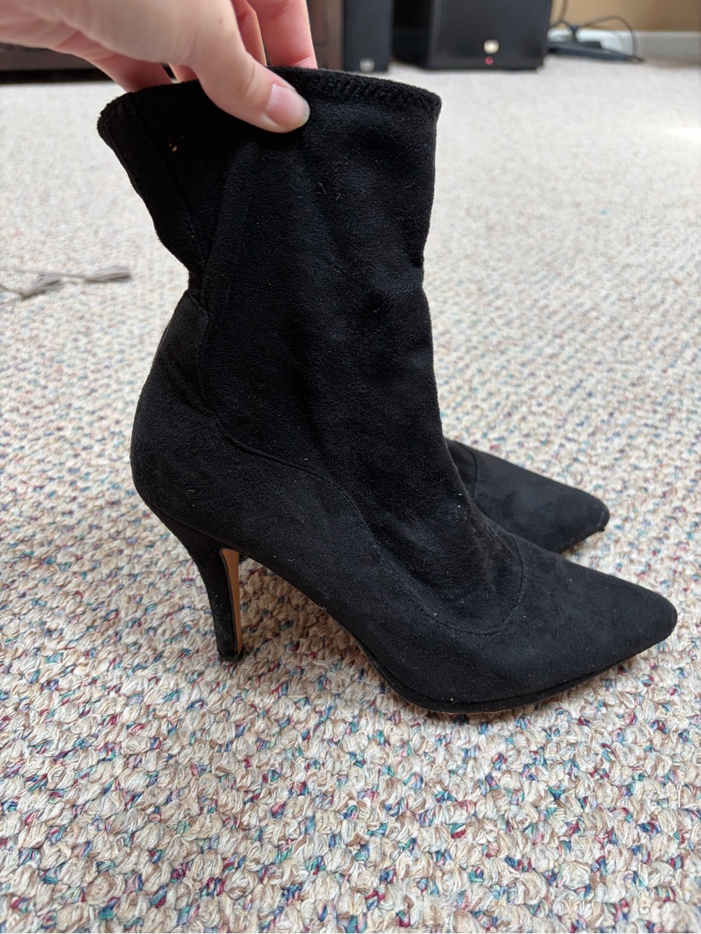 White House Black Market Black Suede Pointed Sock Ankle Boots